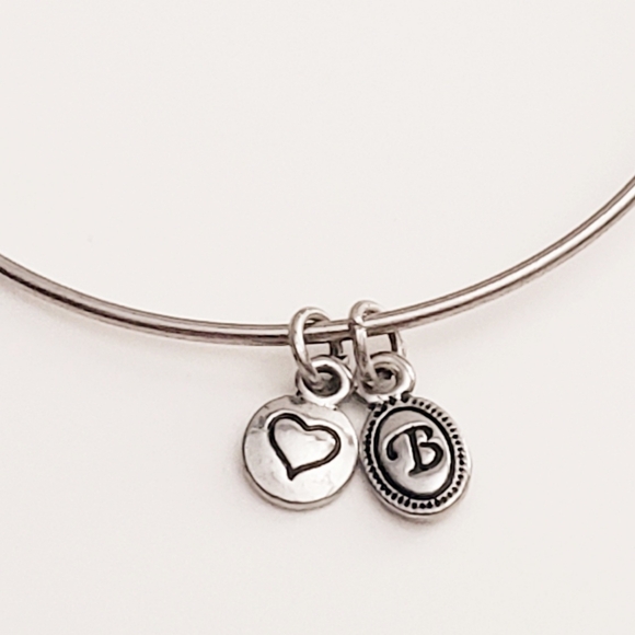 Retired Brighton Heart & B Charm Silvertone Adjustable Bangle Bracelet - Picture 2 of 4